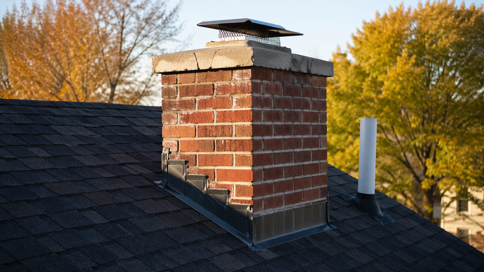 Chimney and roof penetrations inspection in Shakopee MN — close-up of a brick chimney with step flashing and counter-flashing on an asphalt-shingle roof, with cracked crown and weathered mortar joints visible