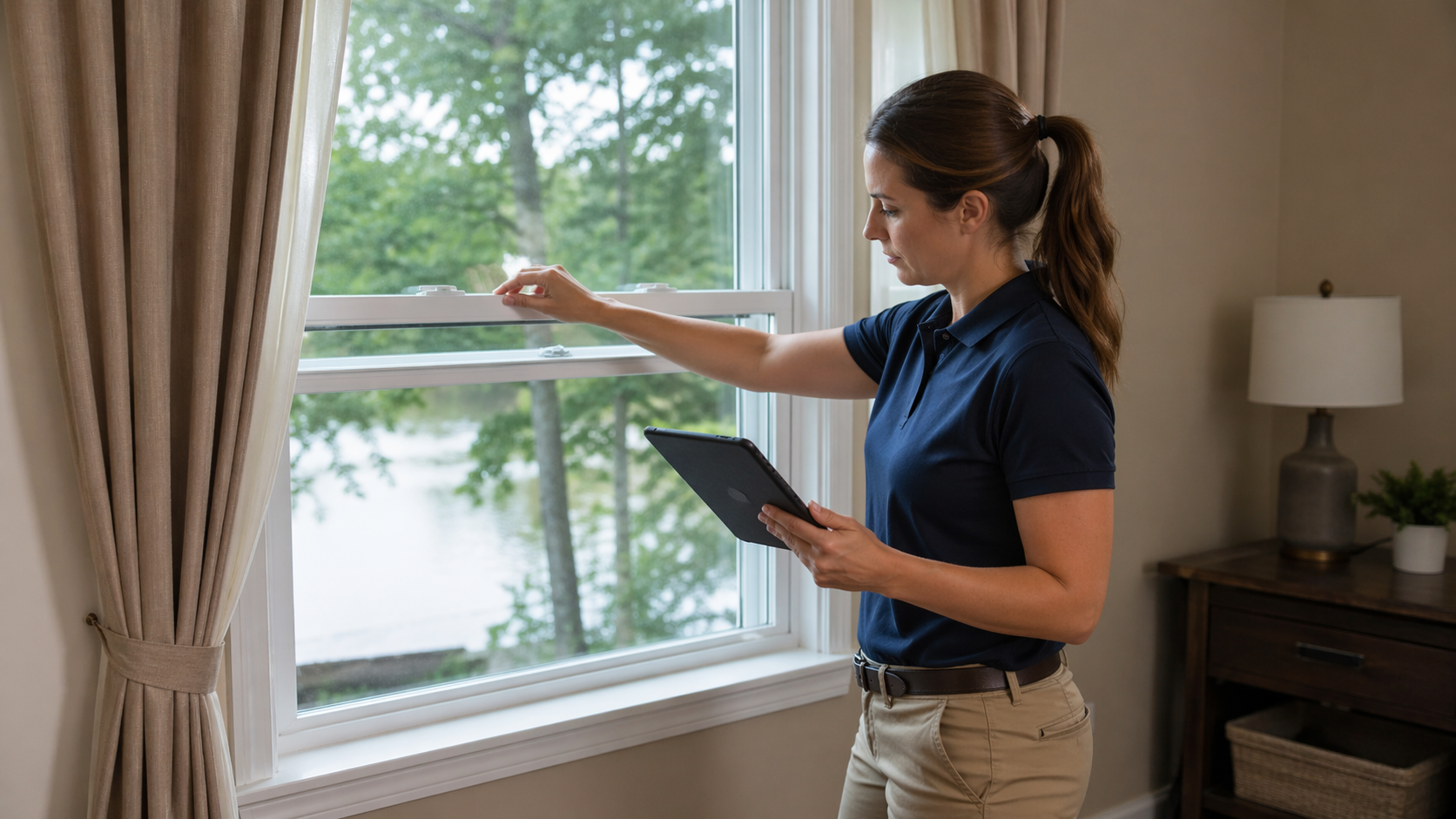Doors, windows, and stairs inspection in Shakopee MN — home inspector opening and closing a double-hung vinyl window and checking the sash balance in a Minnesota living room