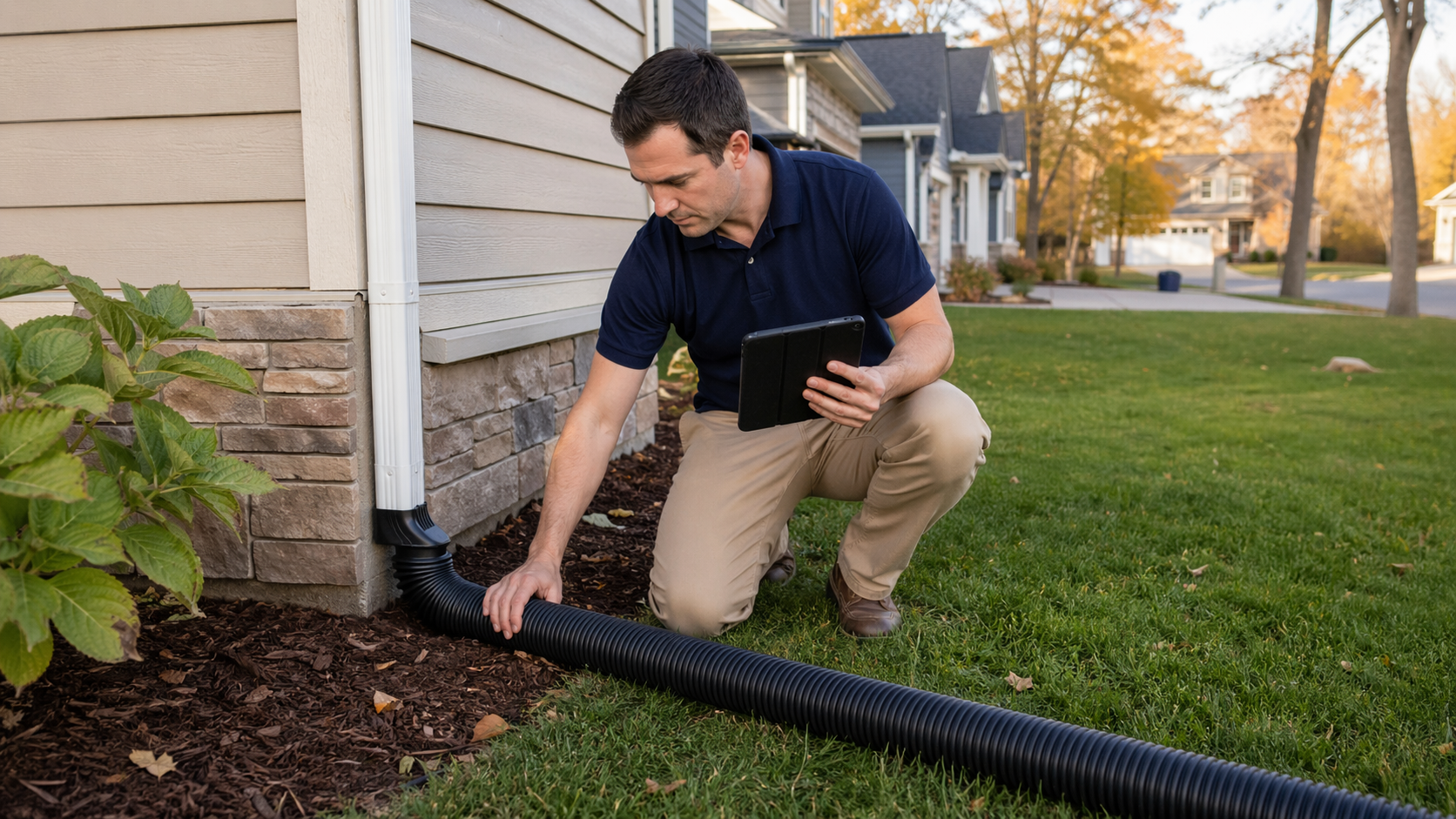 Drainage and grading inspection in Shakopee MN — home inspector kneeling beside a downspout at the corner of a house, checking that the downspout extension carries water at least four feet away from the foundation