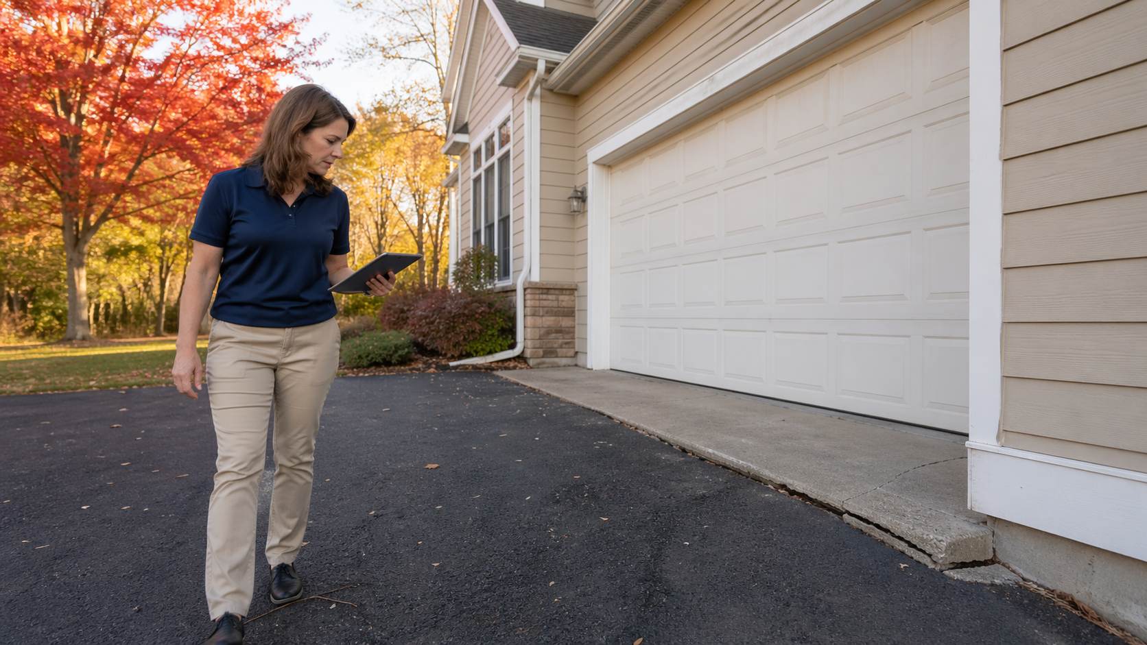 Driveway, walkways, and grounds inspection in Shakopee MN — home inspector walking along an asphalt driveway near the garage apron examining cracks, alligatoring, and settlement in the pavement