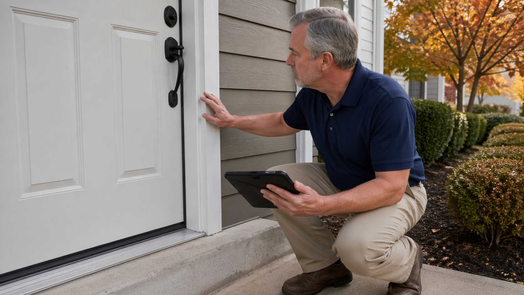 Exterior trim, windows, and doors inspection in Shakopee MN — home inspector crouched beside a front door probing the painted wood jamb near the threshold with an awl, checking for soft rot