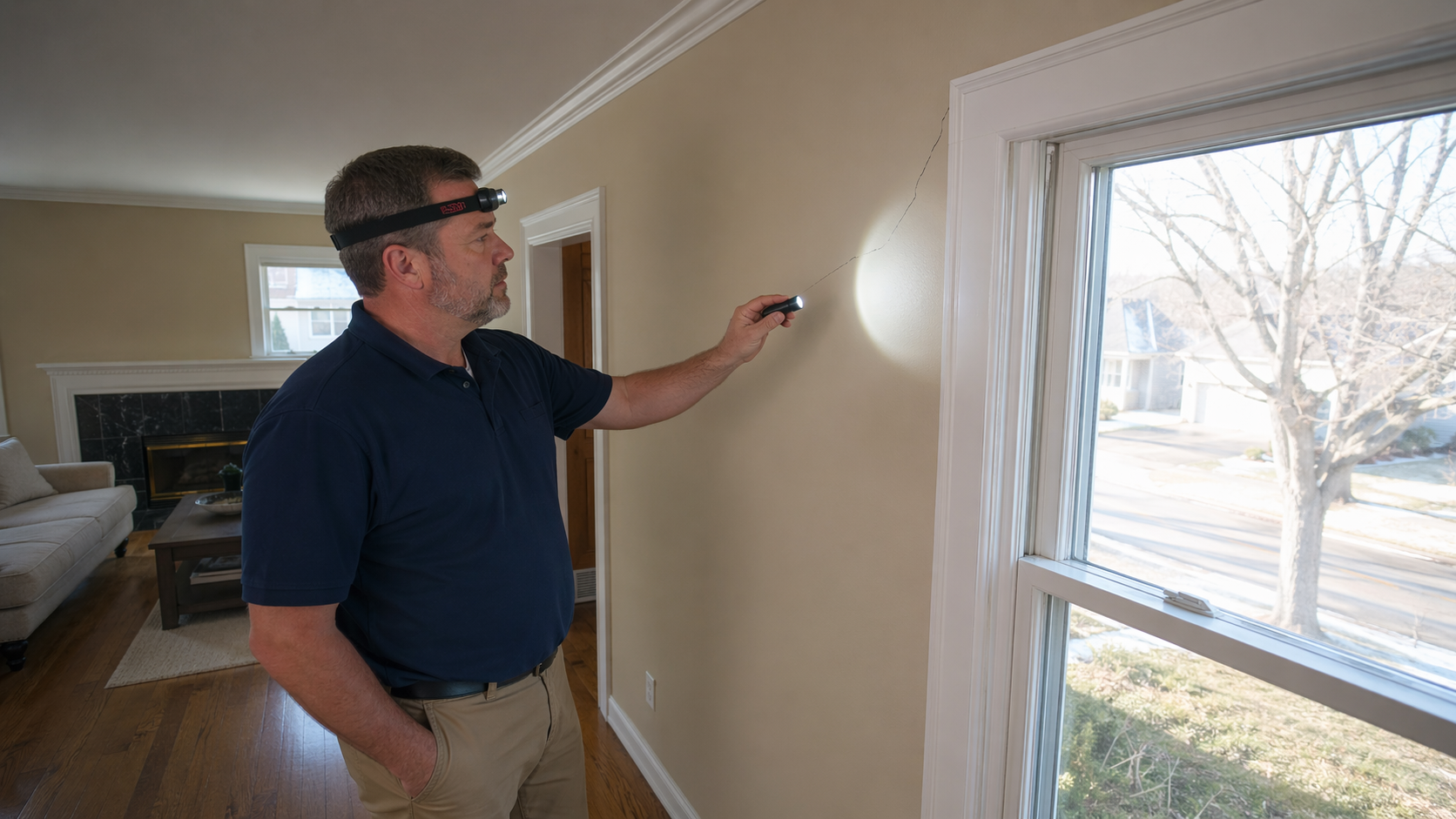 Floors, walls, and ceilings inspection in Shakopee MN — home inspector pointing a flashlight at a subtle drywall crack on an interior wall near a window in a Minnesota home