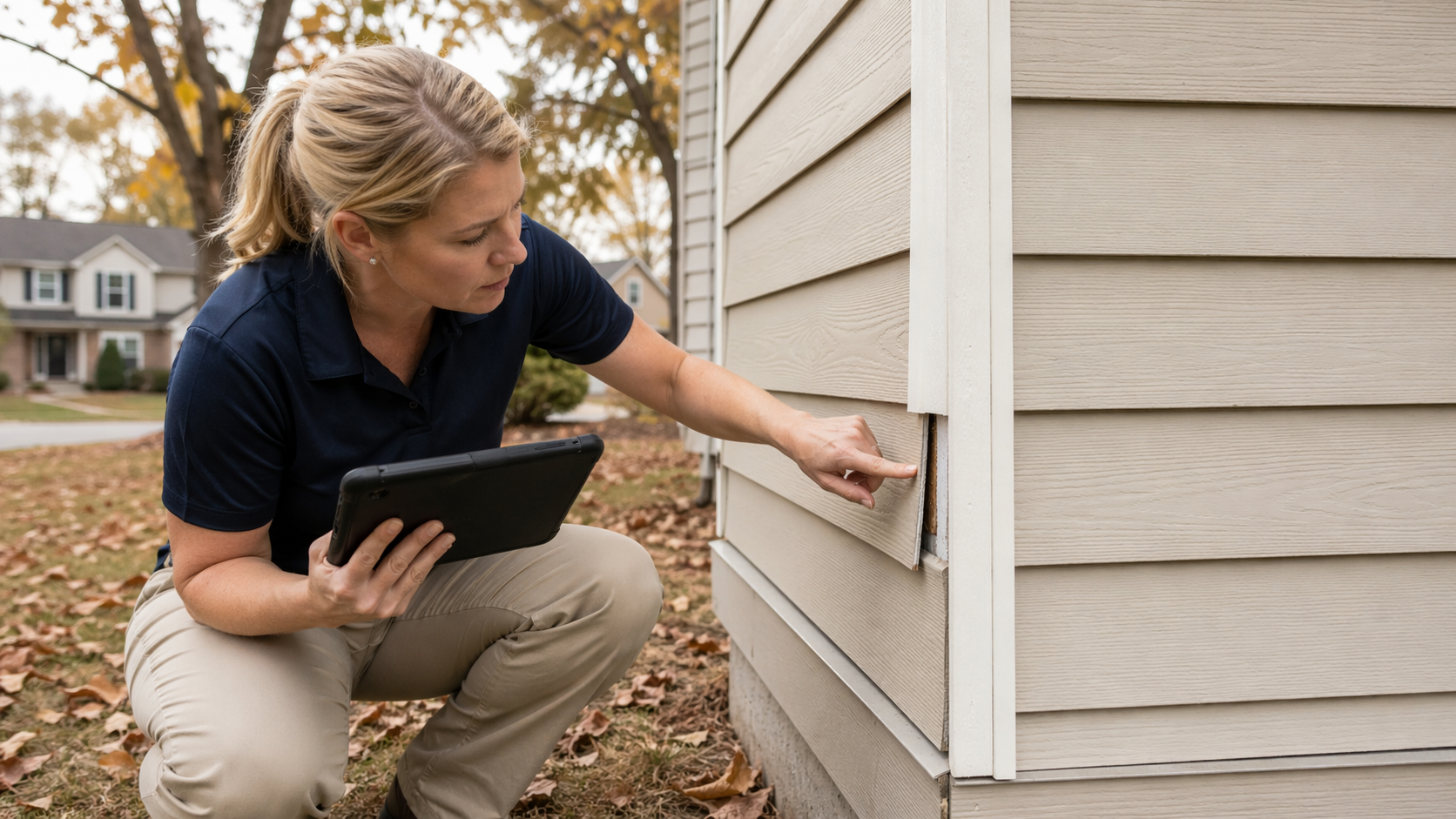 Exterior siding and insulation inspection in Shakopee MN — home inspector examining a lap of fiber-cement siding near the corner of a two-story suburban Minnesota home, looking for gaps, caulk failure, and rot