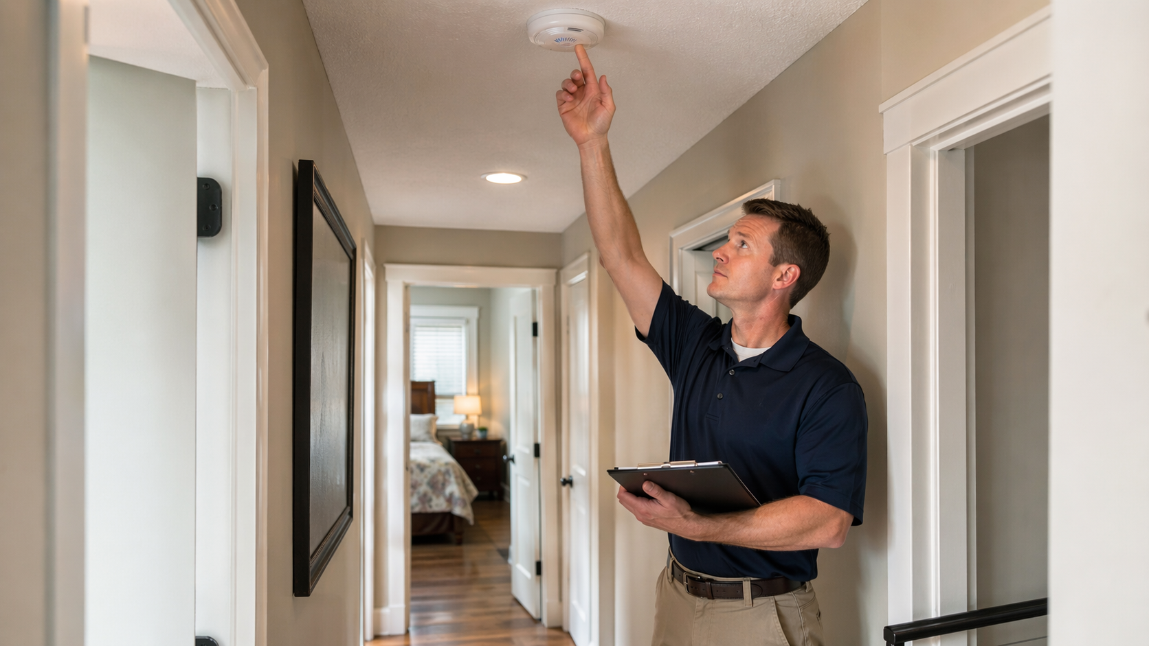 Smoke and carbon monoxide detector inspection in Shakopee MN — home inspector reaching up to press the test button on a ceiling-mounted combination smoke-CO alarm in a residential hallway