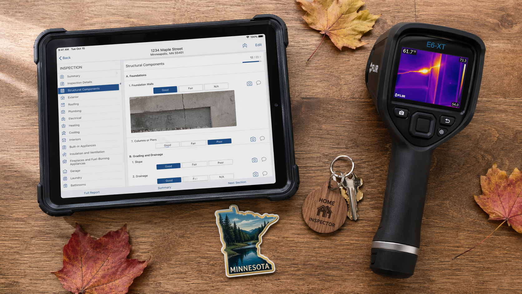 Shakopee MN home inspection blog — tablet, FLIR thermal camera, and house keys representing our Minnesota home-inspection writing and research
