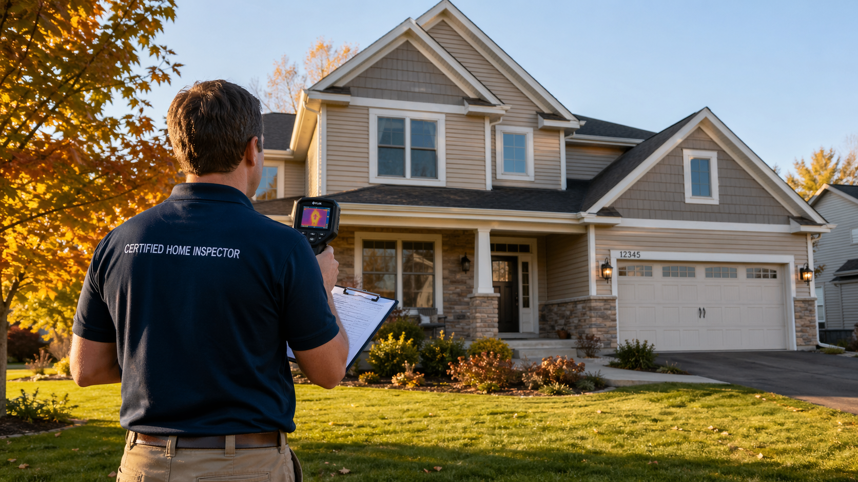 Certified home inspector performing a FLIR thermal exterior inspection on a Shakopee Minnesota home