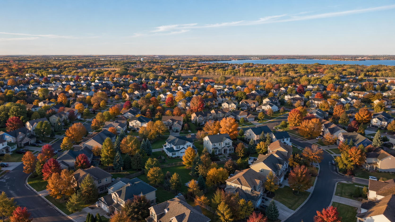 Aerial view of Shakopee and south-metro Minneapolis suburbs in autumn — home inspection service area