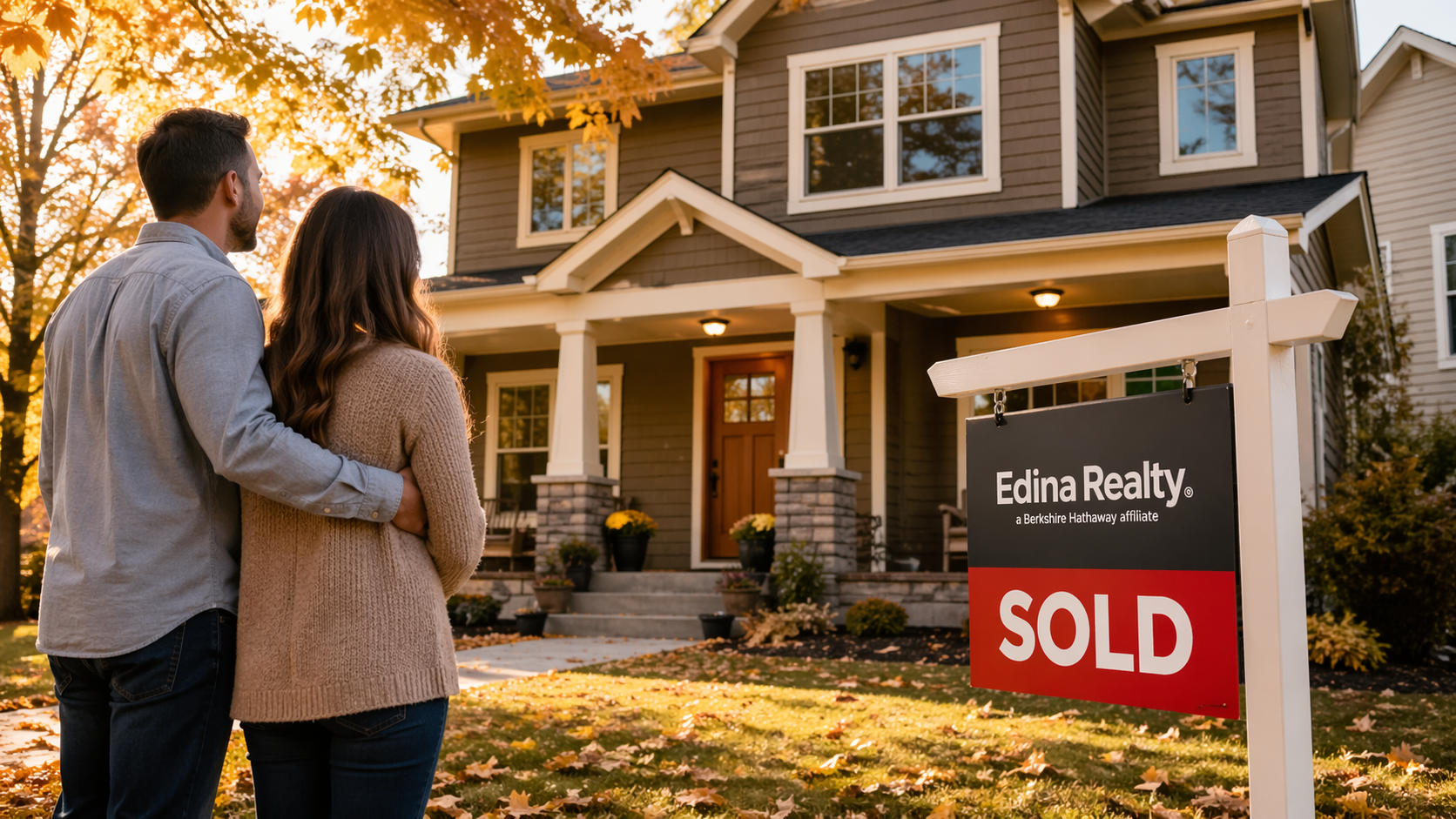 Shakopee MN home inspector reviews — happy homebuyers in front of their new Minnesota home with a SOLD sign after a 5-star inspection