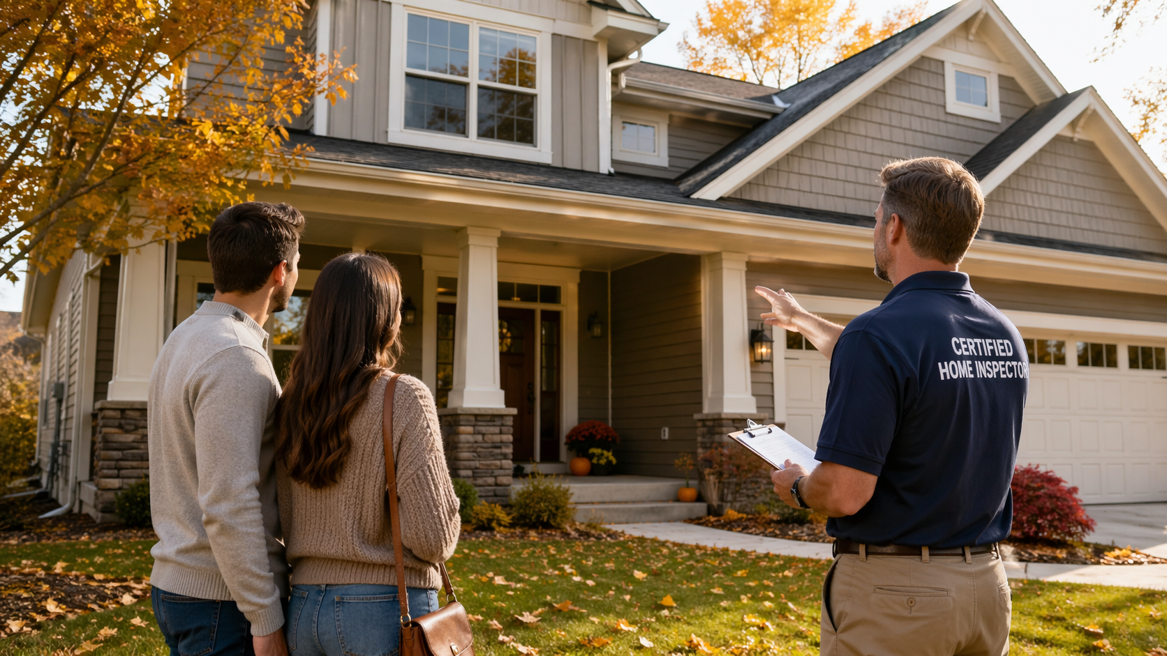 Buyer's home inspection in Shakopee MN — certified inspector walking first-time buyers through a two-story Minnesota suburban home in autumn